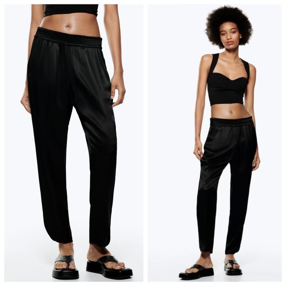 NWT Zara Black Satin High Waist Jogger Slit Hem Pants - Picture 1 of 7